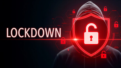 Cybersecurity lockdown with glowing red shield and padlock symbol, digital protection against unauthorized access, internet safety security breach concept