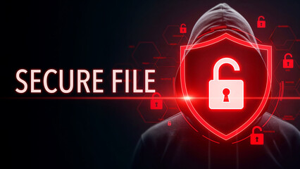 Hacker security breach with red locked shield and secure file text, cyber attack and data protection risk, digital safety and privacy vulnerability online security warning concept