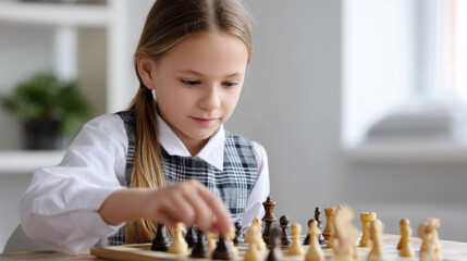 Smart schoolgirl in uniform making winning chess move during competition 