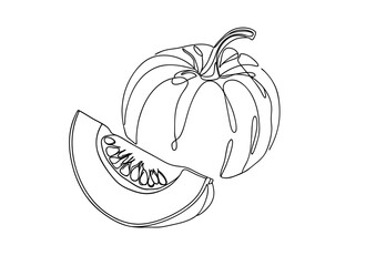 Minimal abstract one line art pumpkin with slice, black and white, seasonal autumn illustration 