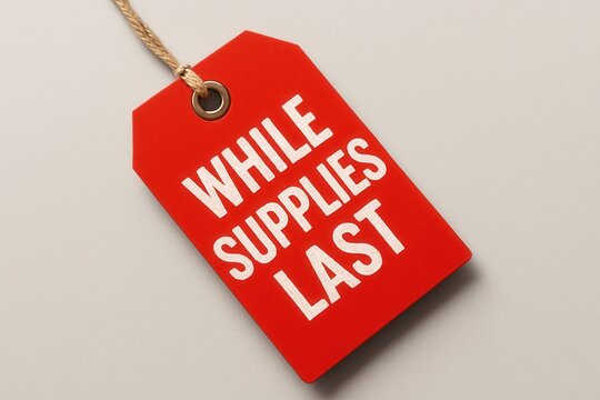 A bright red sales tag with the text "While Supplies Last" in bold white letters, suggesting urgency and limited availability in promotional marketing.