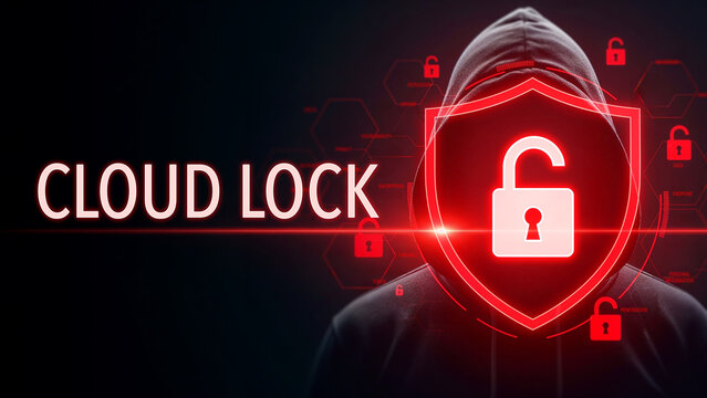 Hooded figure shrouded in darkness with glowing red lock symbol and text cloud lock representing cybersecurity and data protection, digital security encryption concept