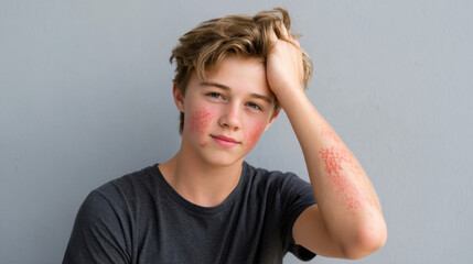Teenage boy with red patches on face and arms, scratching skin affected by eczema or dermatitis 