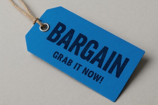 A blue price tag with bold text "BARGAIN" and "GRAB IT NOW!" attached with twine, conveying a sense of urgency for a shopping deal or discount offer.