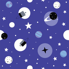 Fototapeta premium Whimsical space pattern with planets satellites and stars on blue background cosmic themed design ideal for childrens projects