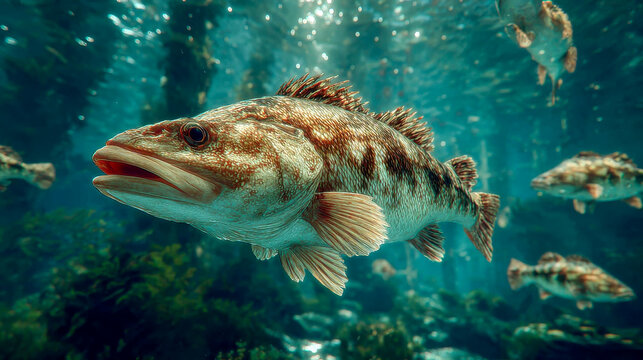 A close-up underwater view of a cod swimming in a clear, deep sea environment surrounded by aquatic vegetation and other fish