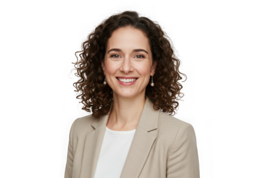 Smiling woman with curly hair portrait on transparent background