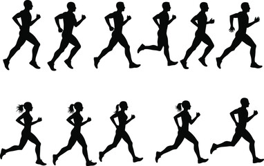 Dynamic Silhouettes of Male and Female Runners in Various Poses, Ideal for Fitness, Exercise, and Active Lifestyle Designs, Perfect for Health-Related Content, Digital Art, Flat Vector Illustration.