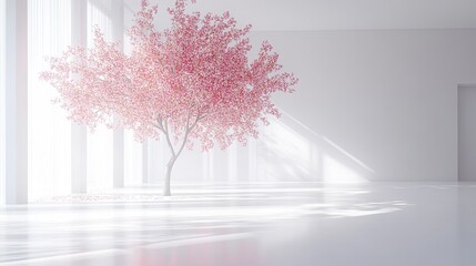 Pink Cherry Blossom Tree in a Surreal White Room