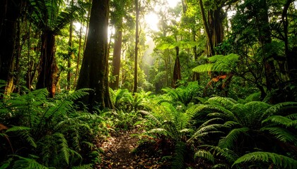 Fototapeta premium Lush rainforest path bathed in sunlight