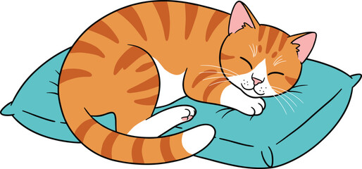 Adorable orange tabby cat sleeping peacefully on cozy blue pillow, cute domestic animal resting for pet cartoon illustration and artwork