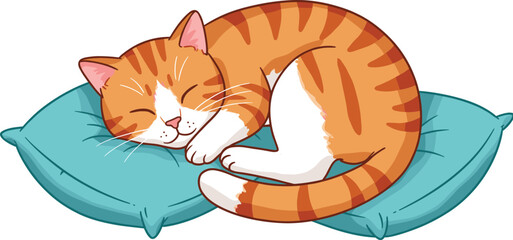 Adorable gray cat sleeping peacefully on cozy blue pillow, cute domestic pet resting, comfortable feline cartoon illustration for animal lovers