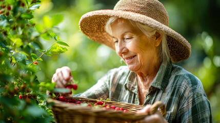 Fototapeta premium Elderly woman harvesting fresh berries in a lush garden