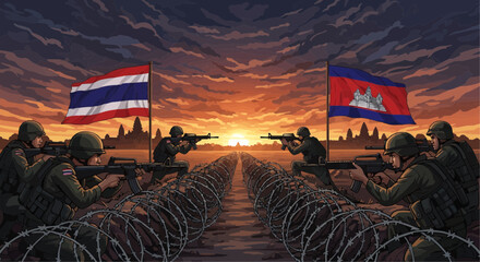 Thai and Cambodian soldiers face off at sunset, Angkor Wat temples in the background, barbed wire separating them.