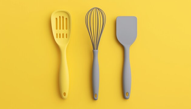 Top-View Yellow Kitchen Utensils Set: Culinary Brush, Whisk, Spatula - Ism Style - Modern Cooking Tools For Your Kitchen.