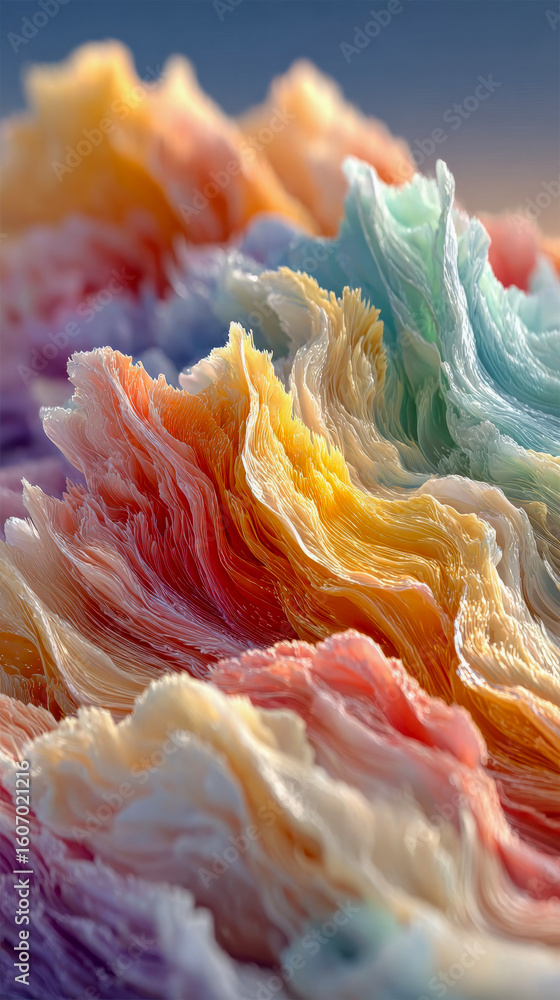 Poster vibrant abstract swirls of multicolored strands resembling fluid waves in close-up macro detail
