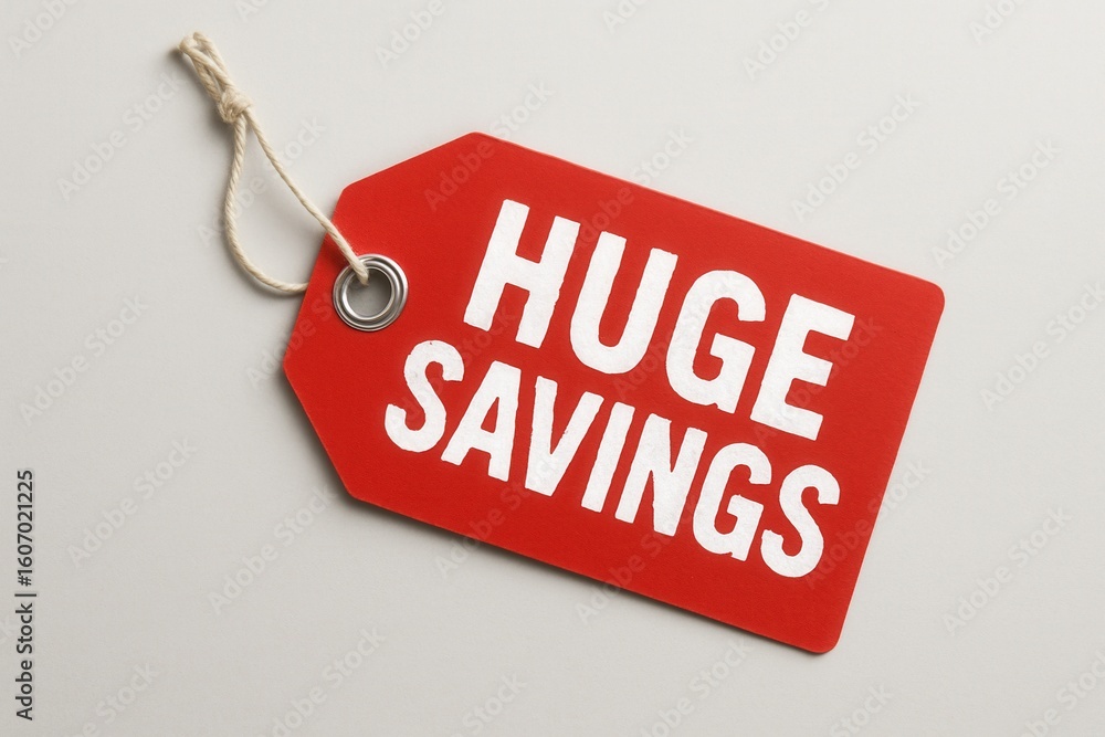Poster a red tag with white text reading 