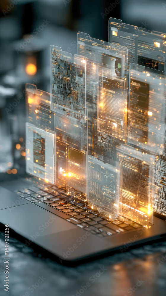 Poster futuristic digital interface showing glowing document icons hovering above a laptop in a modern work