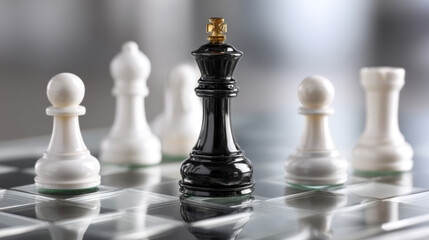 Top-down view of modern glass chessboard on reflective table, black king surrounded by white pieces, checkmate situation, sleek corporate background, business metaphor 