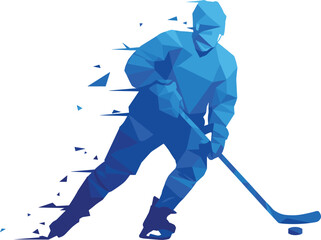 Fototapeta premium Dynamic Ice Hockey Player Low Poly Vector Art with Motion Blur Effect, Abstract Geometric Design for Sports Themes and Digital Graphics, Vibrant Blue Hues, Action Shot, Power and Speed Depicted.