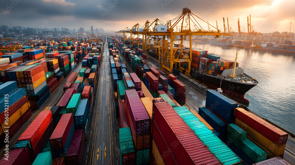 Poster import tariff policy concept. shipping containers stacked at a port with cranes and a cargo ship in 