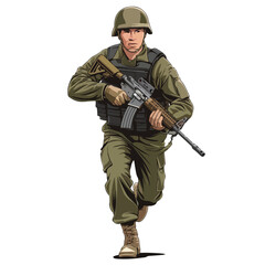 Fototapeta premium Illustration of a soldier in uniform running with a rifle forward