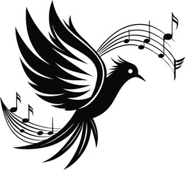 Stylized black bird with flowing wings and musical notes melody
