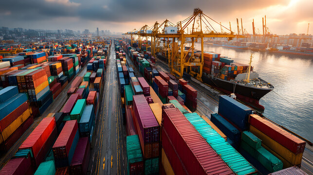 Import tariff policy concept. Shipping containers stacked at a port with cranes and a cargo ship in view.