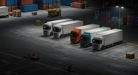 Naklejka premium A night scene at an active container port shows rows of trucks waiting in the parking area. Floodlights create a colorful industrial landscape filled with stacked containers.
