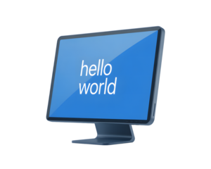 Modern Desktop Computer Displaying Hello World Text on a Blue Screen Perfect for Tech Concepts on transparent background