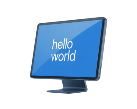 Modern Desktop Computer Displaying Hello World Text on a Blue Screen Perfect for Tech Concepts on transparent background