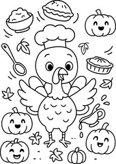 Fototapeta premium Thanksgiving turkey chef, line art coloring page for kids
