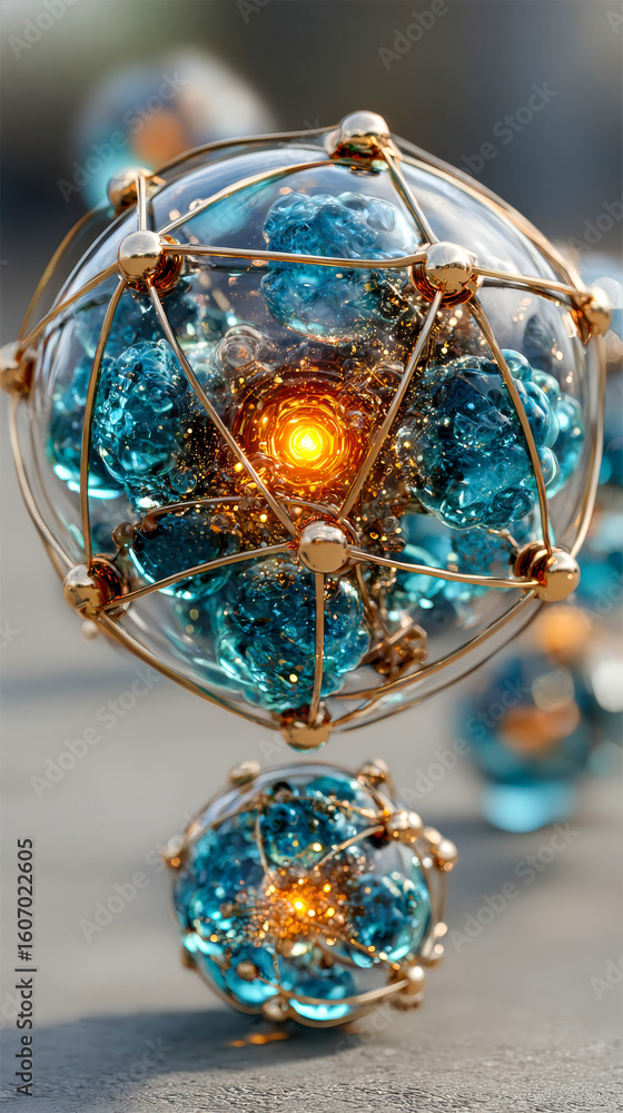 Fototapete a glowing abstract sphere composed of dark orbs and golden network-like filaments, encased in a tran