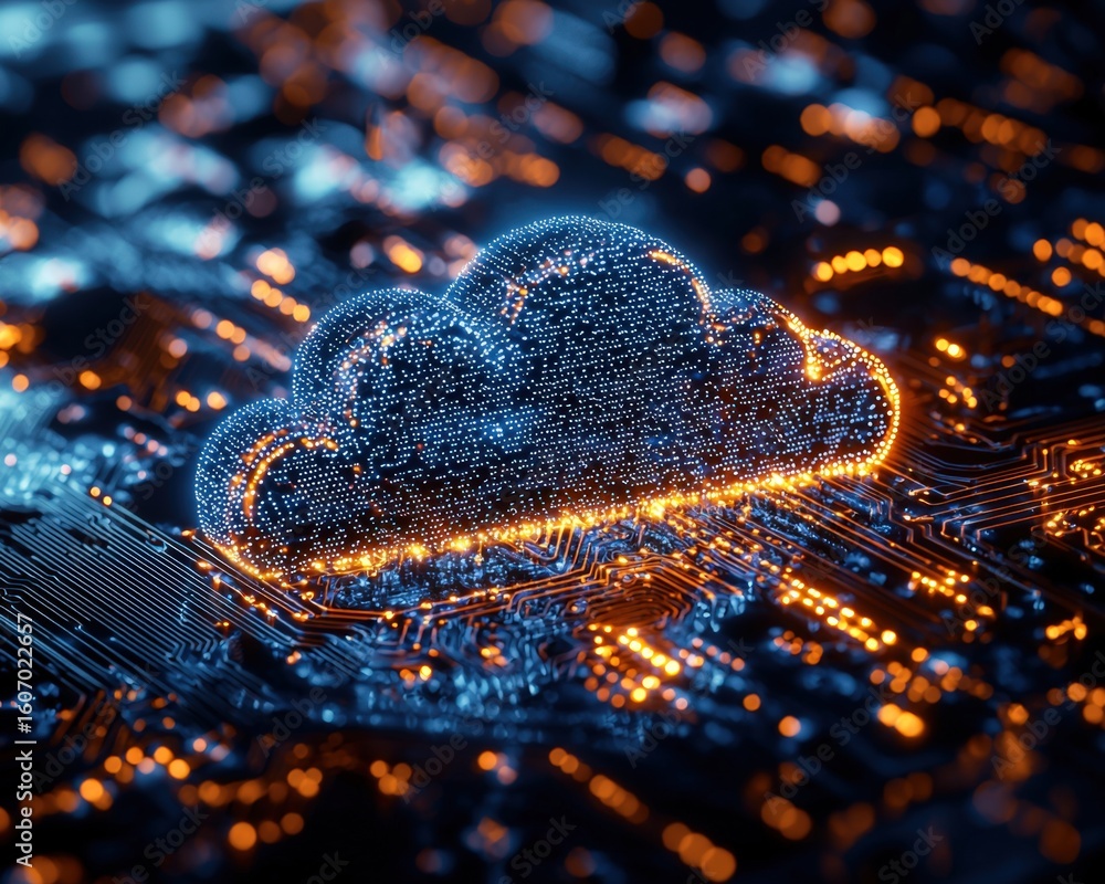 Poster digital cloud icon representing cloud computing technology on a futuristic circuit board background