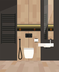 A bathroom with a toilet, sink, hygienic shower and heated towel rail.