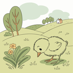 Cute Little Chick Foraging in a Green Grassy Field with Hills and House