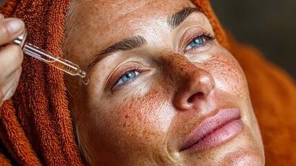 Close-up of a woman receiving a facial treatment with serum application on her forehead