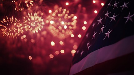 Fireworks Illuminate the Night Sky Over a Waving American Flag During a Summer Celebration.
