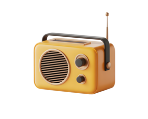 Retro Style Radio Receiver in Yellow and Black 3D Render with Antenna and Knobs on transparent background