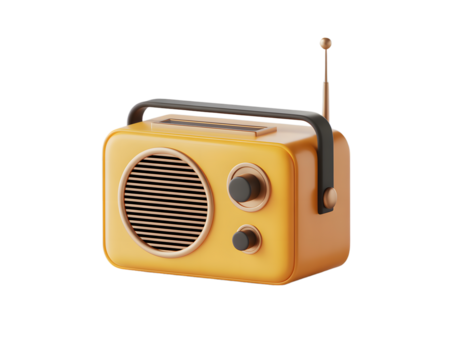 Retro Style Radio Receiver in Yellow and Black 3D Render with Antenna and Knobs on transparent background
