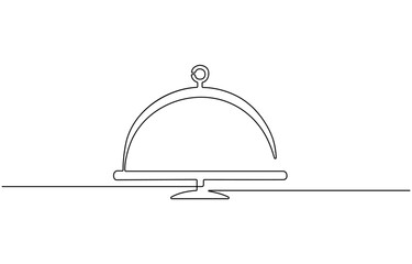 One line continuous waiter with tray closed lid restaurant concept,  Hand Drawn Symbol Vector Illustration, hand continuous line art .