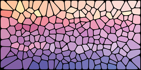 A vibrant stained glass mosaic featuring irregular shapes in a gradient from warm peach and pink tones at the top to cool purple and blue hues at the bottom.

