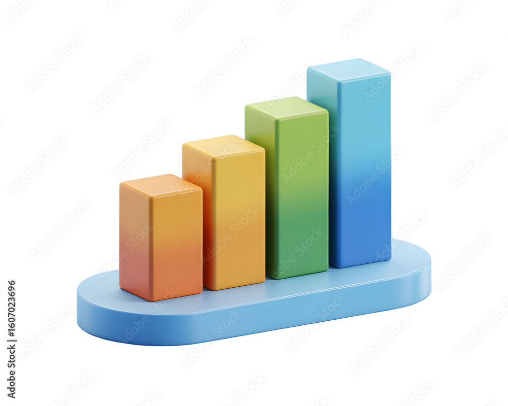Poster 3d rendered bar graph showing growth and progress with colorful columns on transparent background