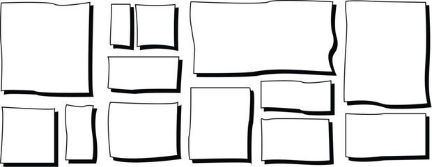 Hand-drawn blank frames and panels grid. Irregular white rectangles and squares with shadows, comic book style layout template.