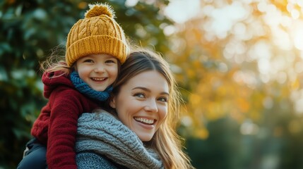 Obraz premium Enjoying a Joyful Moment Outdoors, a Mother Carries Her Smiling Child on Her Back During an Autumn Afternoon