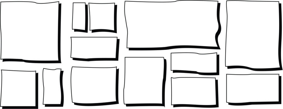Hand-drawn blank frames and panels grid. Irregular white rectangles and squares with shadows, comic book style layout template.