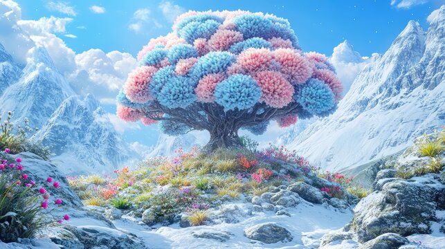A surreal fantasy tree growing in snowy alpine mountains, with giant umbrella-shaped flowers in pastel colors 