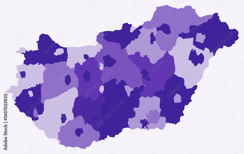Poster map of hungary with regions. just a simple country border map with region division. deep purple colo