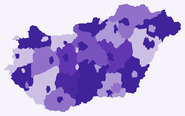 Map of Hungary with regions. Just a simple country border map with region division. Deep purple color palette. Plain Hungary shape with administrative division. Vector illustration.