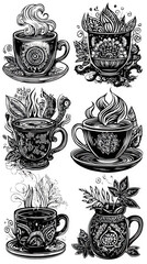 Set of backgroundless badge icons with coffee cup floral patterns for various occasions.